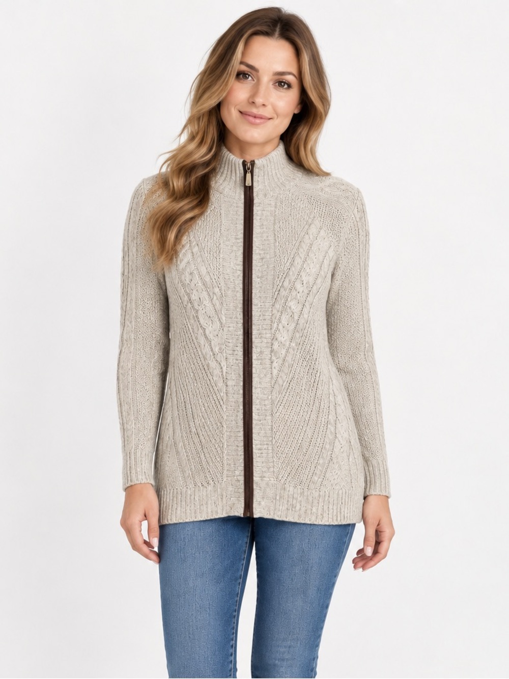 VENUS Beige Cable Knit Full-Zip Sweater Women’s Medium